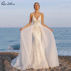Sexy Mermaid Wedding Dress Lace Appliques Sequined Bride Gown Spaghetti Straps Detachable Train Bridal Gown Vestidos De Novia
