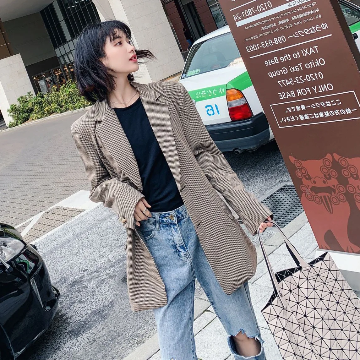 

Photo Shoot INS Artistic Retro Small Plaid Single-Breasted Short Loose-Fit Versatile Able Workplace Suit Jacket Women's