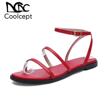 

Coolcept Size 33-43 Women Sandals Shoes Fashion Metal Buckle Flat Heels Shoes Women Nice Genuine Leather Solid Color Footwear