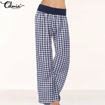 

2020 Celmia Women Vintage Wide Leg Pants Autumn Plaid Trouser Casual Elastic Waist Long Palazzo Loose Pantalon Femme Plus Size