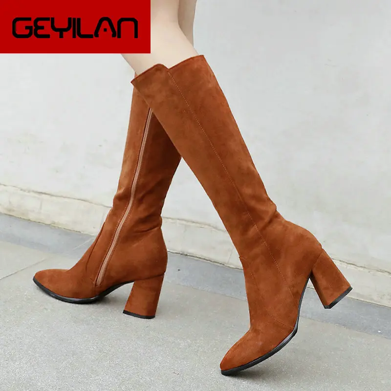 

Women Winter Knee High Boots Flock Leather Sqaure High Heels Zipper Boots Fashion Pointed Toe Spring Autumn High Boots Shoes