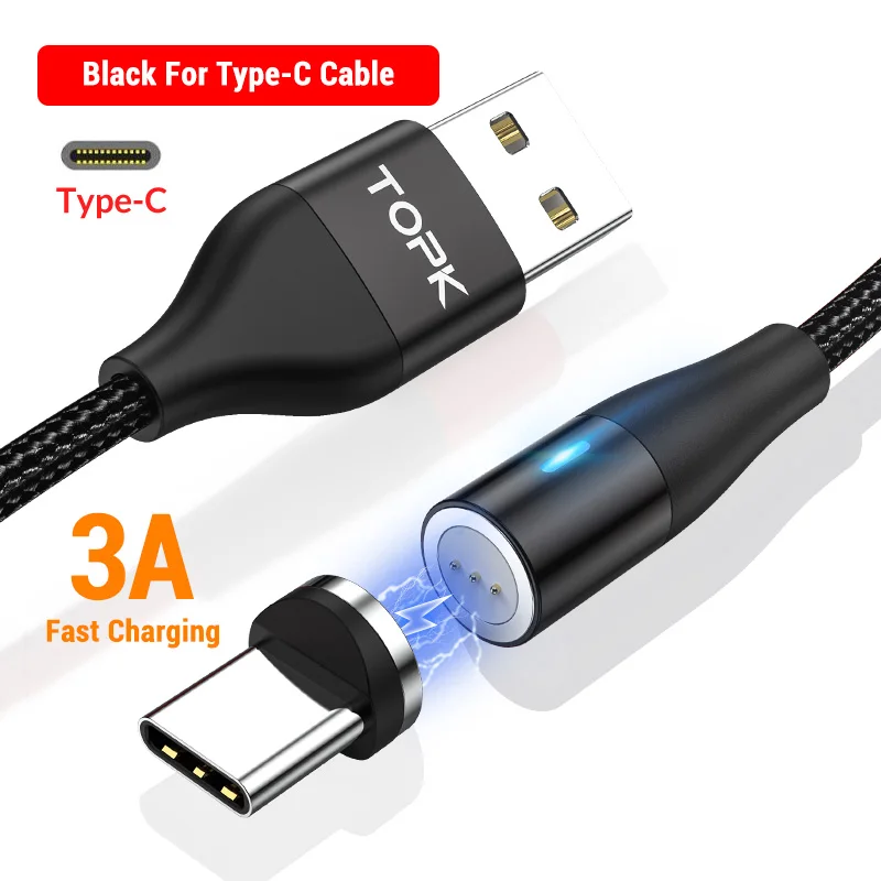 TOPK AM60 3A светодиодный кабель для быстрой зарядки Micro usb type C для iPhone Xs Max 8 7 6 - Цвет: Type C Cable Black