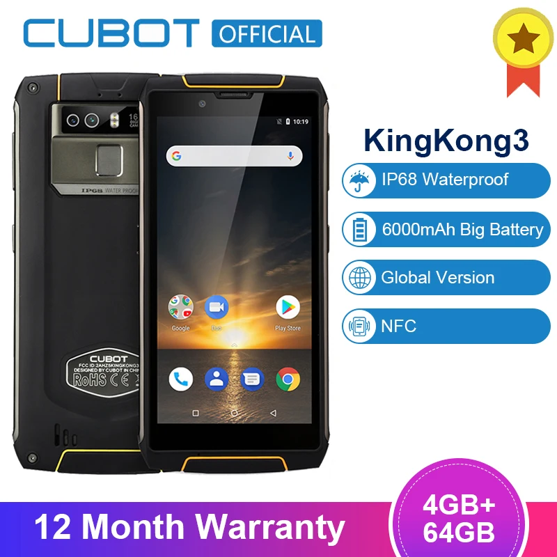 Чехол для Cubot King Kong 3 IP68 Водонепроницаемый анти ударный смартфон 5,5 ''android 8,1 4 Гб 64 Гб MT6763T Octa Core 9 V/2A NFC 18:9 мобильного телефона