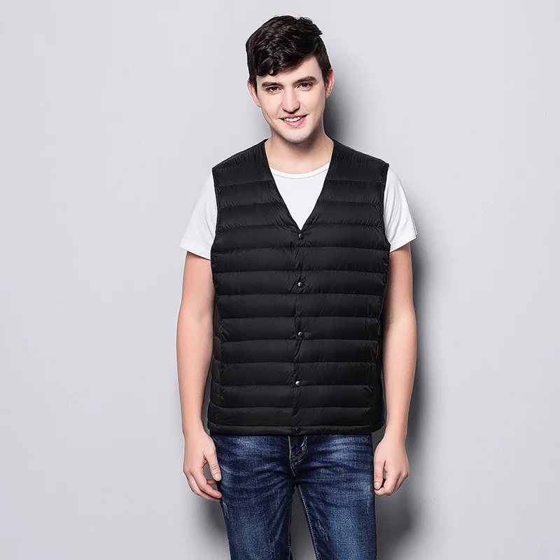 Nice New Fashion Ultra Light Down Vest Men Spring Autumn Sleeveless V-Collar Vest Male Casual Winter White Duck Down Vest Male - Color: Black