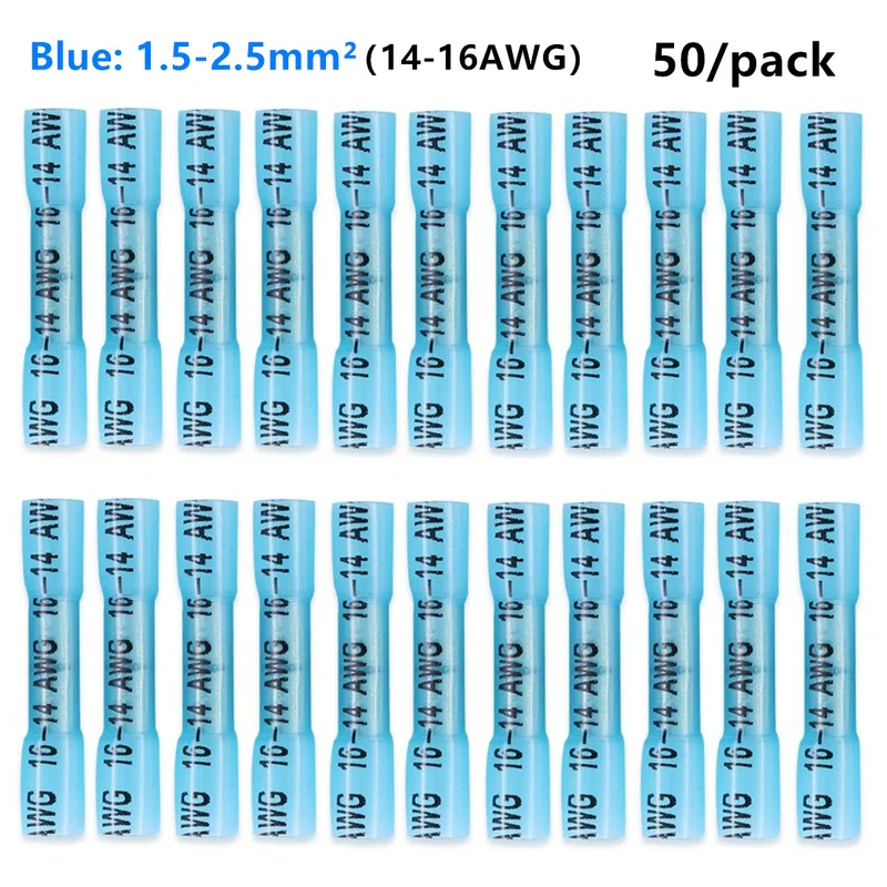 50 шт. уплотнительный термоусадочный стыковой обжимной клемм синий водонепроницаемый полностью изолированный 14-16 AWG разъемы для