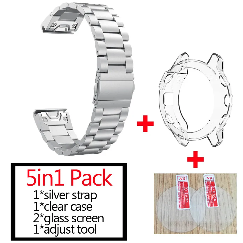 silver-clear 5in1pack быстросъемные часы-браслет ремешок для Garmin Fenix 6s 6 6x pro умные часы спортивный ремешок из нержавеющей стали+ стеклянный экран - Цвет: silver-clear