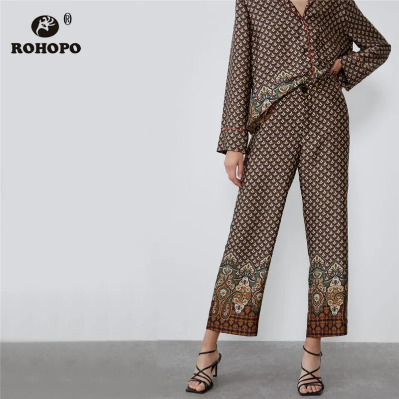 

ROHOPO High Waist Vintage Wide Leg Pant Back Welt Pockets Female Soft Medieval Printed Full Length Trousers Pantalon #9632