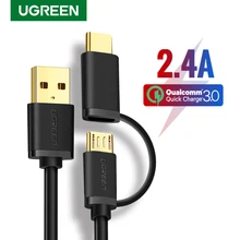 Ugreen usb type-C кабель для samsung Galaxy S10 S9 Plus 2 в 1 быстрая зарядка Micro USB кабель для Xiaomi Tablet Android USB кабель