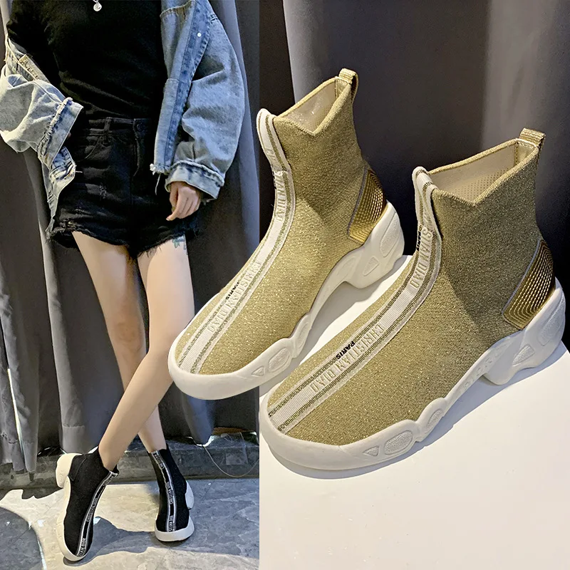 

Platform Heel Slip-on Short Wool Boots Children Elasticity Breathable Hight-top Casual Shoes Extra High Trend WOMEN'S Shoes