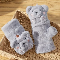 2021 Winter Cute Cat Bear Rabbit Fur Mittens Flip Fingerless Glove Plush Thicken Warm Mitten Women Gloves Touchscreen Animals