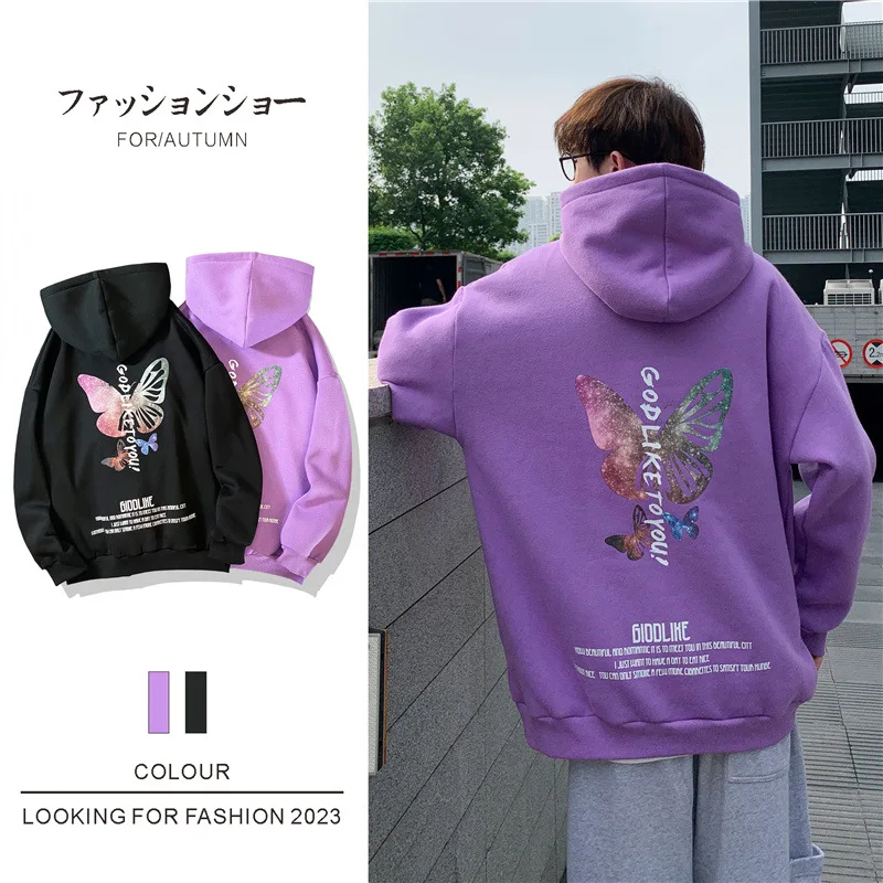 

Oversized Purple Couple Hoodie 2020 Autumn New Butterfly Printed Man Casual Hooded Sweatshirt Loose Mens Women Oodie Clothes