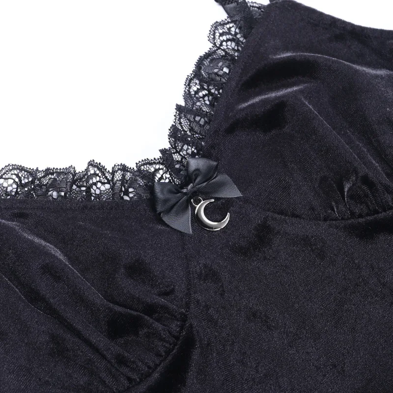 Black Gothic Lady Sexy Mini Dress Summer Backless High Waist Women Lace Deep V Neck Dresses Sleeveless Crescent Bow Cloth