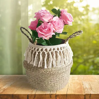 

Handmade Foldable Hanging Basket WhiteTassels Laundry Container Toy Holder Garden Flower Pot Shape Storage Baskets