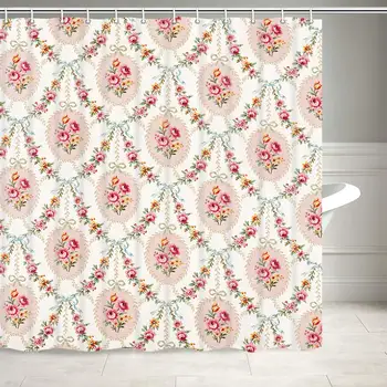 

Rose Flowers Shower Curtain, Retro Rustic Tiny Pink and Yellow Floral on Soft Bath Curtains, Antique Flowers Fabric Bathroom