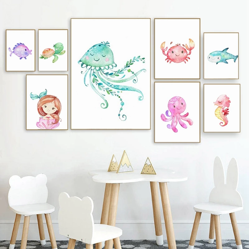 Nursery Ocean Prints Cartoon Mermaid And Sea Animals Poster Nursery Wall Art Deco Tortoise Canvas Painting Little Girl Room Deco