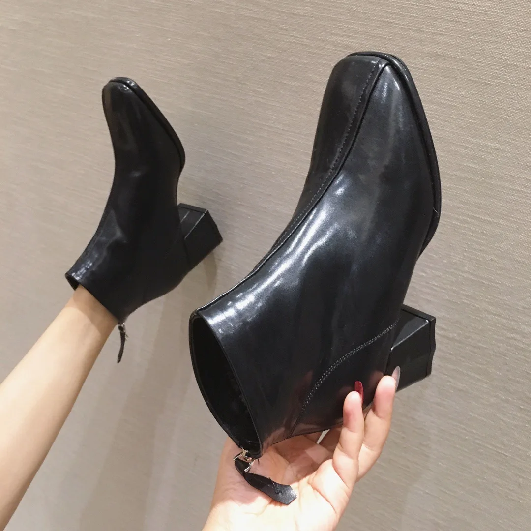 

Square Head Chunky-Heel Short Boots Women's 2019 New Style Korean-style Versatile Online Celebrity High-Heel Short Boots Women's