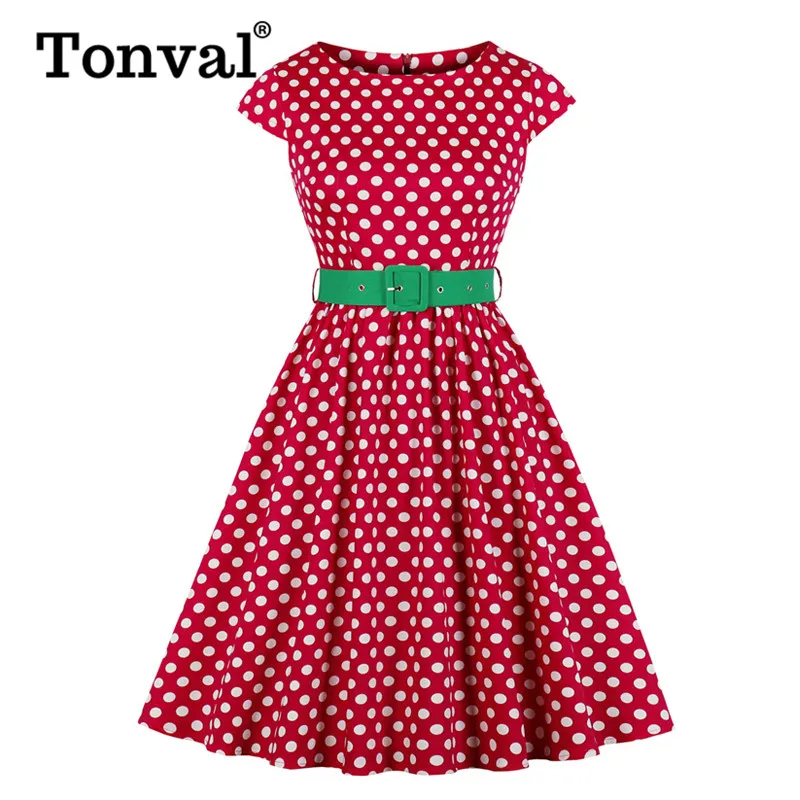 Tonval Rockabilly женское винтажное платье в горошек с круглым вырезом и зеленым поясом, а конец линии рукава, облегающая элегантная булавка