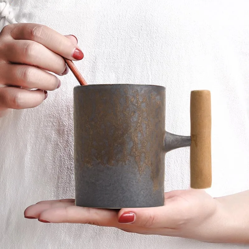 

240ml-400ml Vintage Coffee Cup Coarse Pottery Rust Glaze Handle Mug Spoon Milk Tea Cup Home Drinkware Water Mug As Birthday Gift