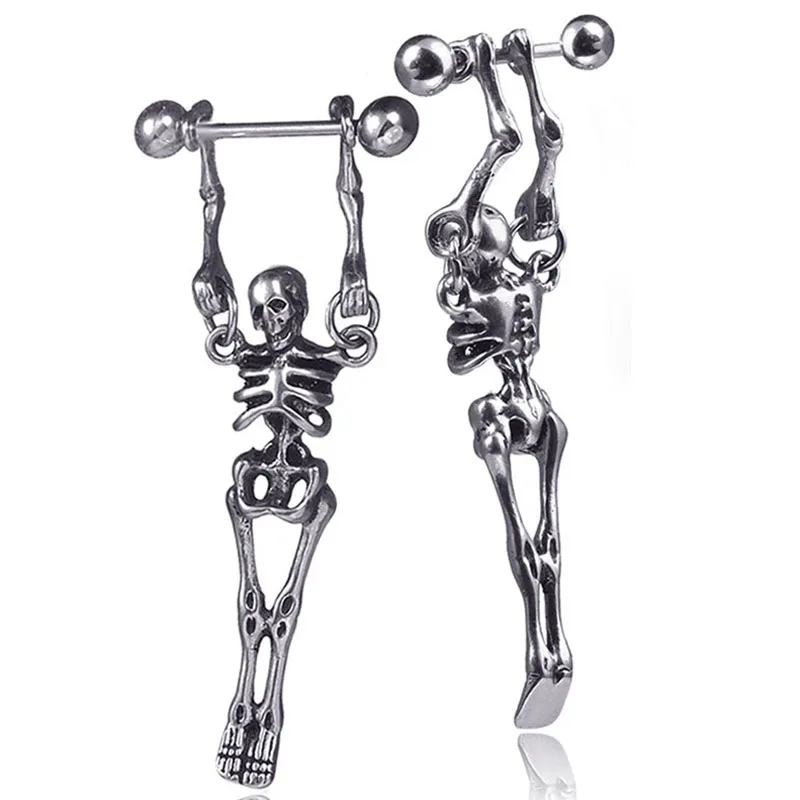 

Gothic Earrings Men Stainless Steel Skeleton Skull Stud Earrings Antique Silver Skull Human Body Punk Earrings Halloween Jewelry