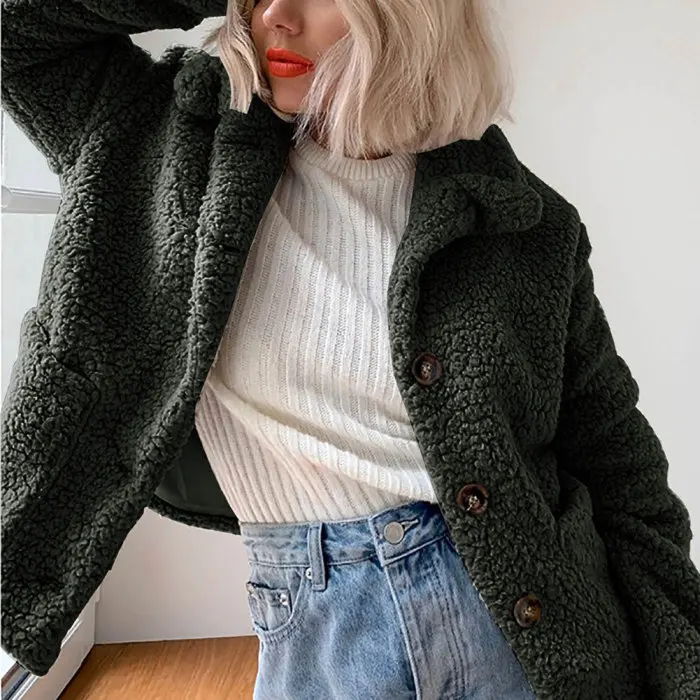 Chaquetas mujer женский флисовый кардиган, теплая куртка, курка, женский топ с лацканами, длинный рукав, одноцветная куртка на пуговицах