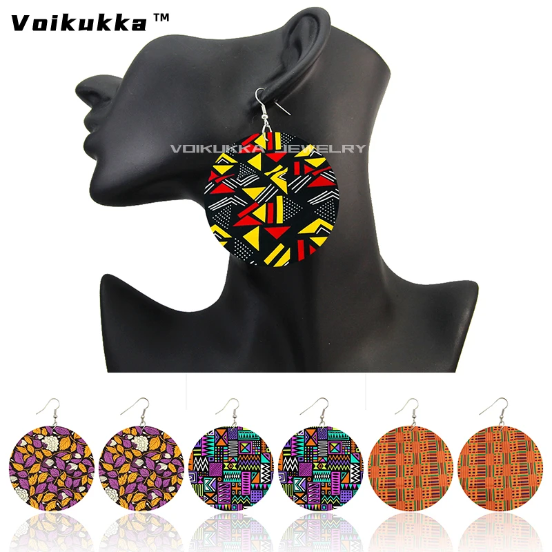 Voikukka Jewelry African Ethnic Fabric Pattern Leaf Wood Double Sides Print Round Drop Dangle Women Earrings Accessories