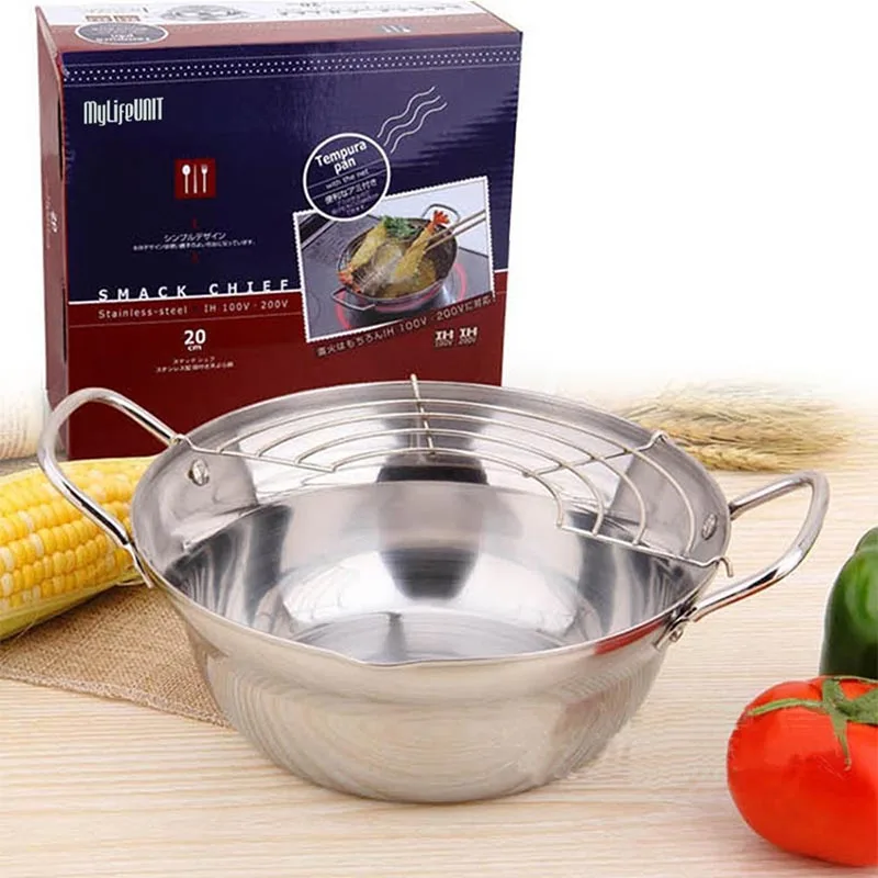 TEENRA Silver Tempura Fryer Pot Japanese Style Potable Frying Pots With Drainer Basket Household Cookware Kitchen Utensils