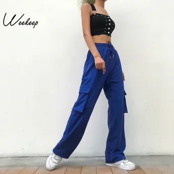 

2020 Sexy Women Pockets Patchwork High Waist Pants Blue Drawstring Elastic Waist Cargo Pants Streetwear Straight Trousers Women