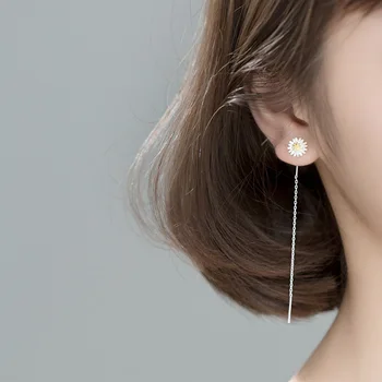 

925 Sterling Silver Small Daisy Flower Dangle Earrings for Women Jewelry Ear Line Long Chain Earrings Drop Grils Party Fine Gift