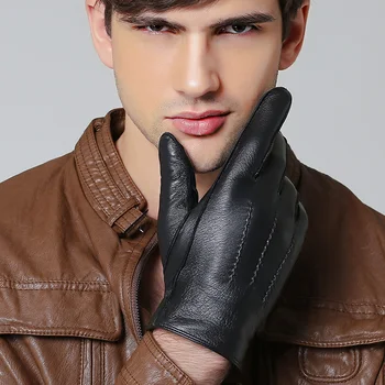 

Winter Men Genuine Leather Sheepskin Touch Screen Warm Mittens Three Bars Plus Plush Thick Plush Cuffs Inside Cycling Gloves J14