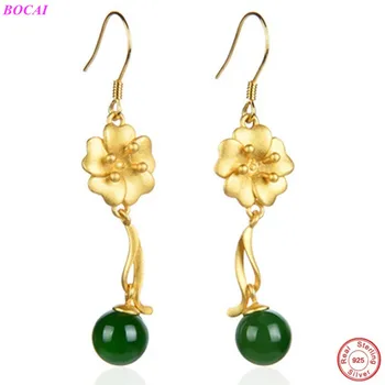 

BOCAI S925 sterling silver ear drop ancient gold natural Jasper Earrings 2020 new fashion Gold plum blossom 925 silver Earrings