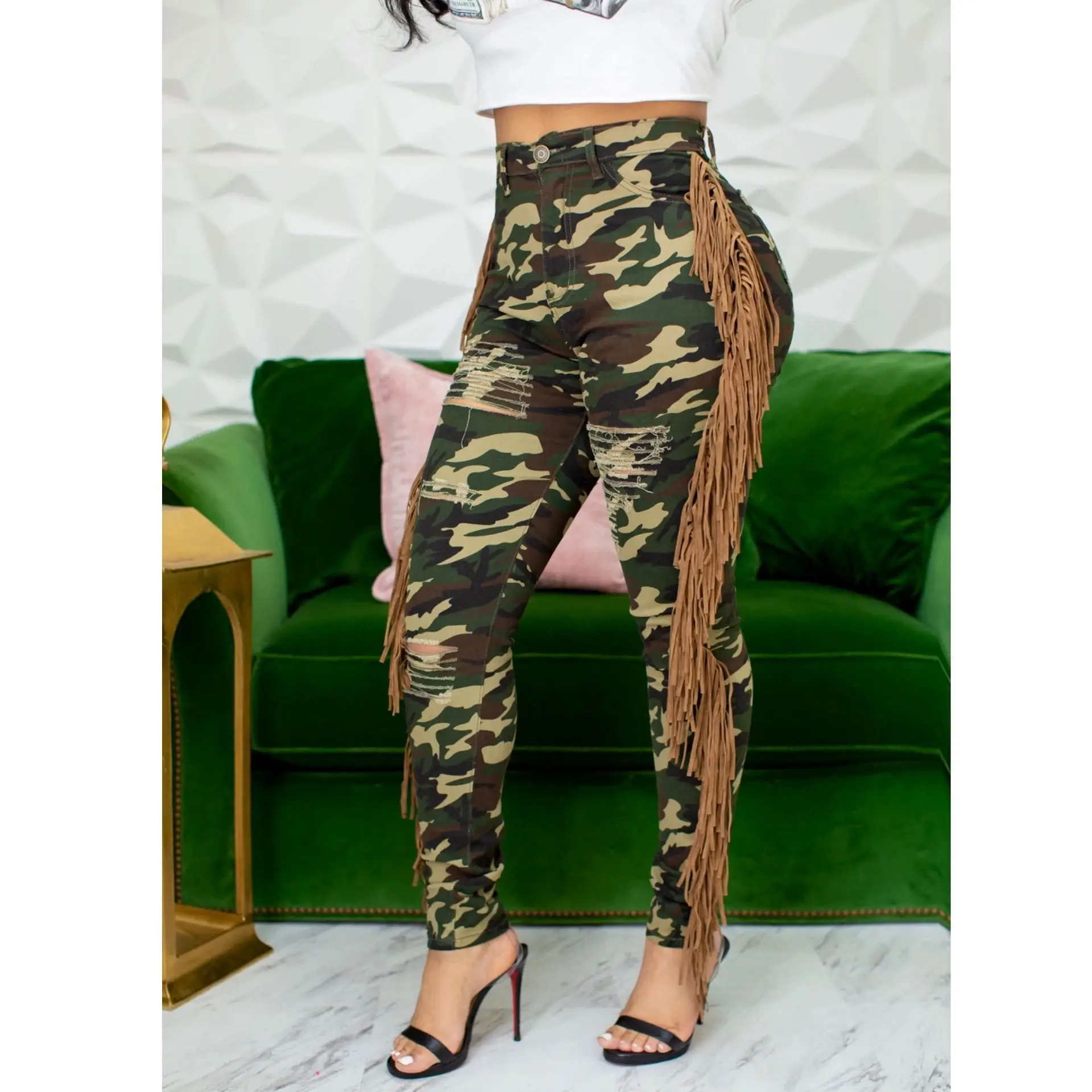 camo jeans Echoine сексуальные рваные джинсы Камуфляжный Леопардовый принт бахрома джинсовые узкие брюки с высокой талией эластичный тонкий облегающий отверстие Женские Брюки Клубные наряды уличная Женская камуфляжная кисточка винтажные женские узкие джинсы - Цвет: camo jeans
