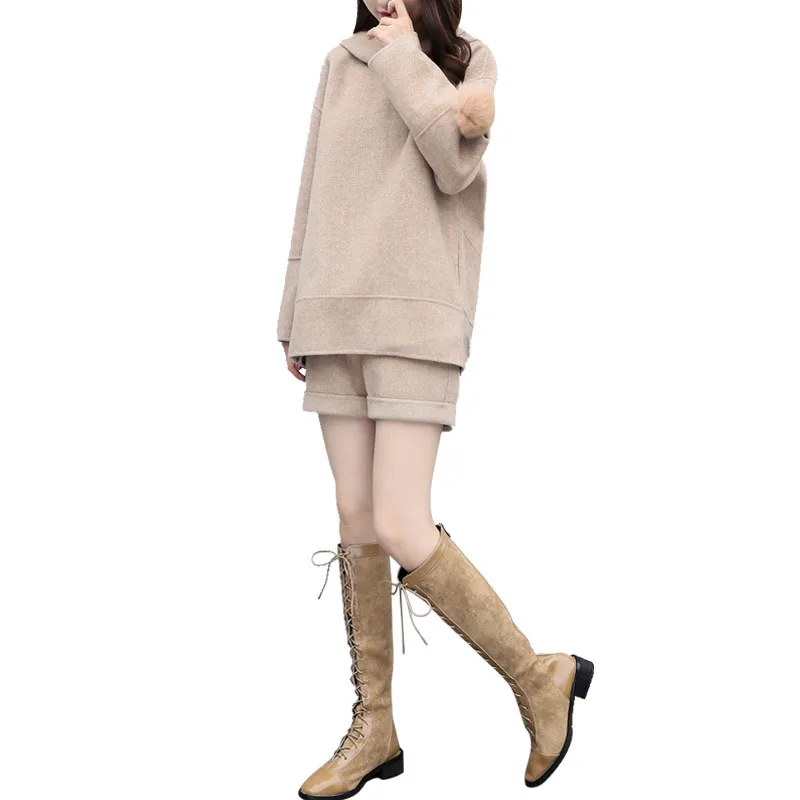 

2019 New Style WOMEN'S Dress Autumn Clothing Solid Color Two-Piece Pants Woolen Long Sleeve Hoodie Shorts WOMEN'S Suit Western S