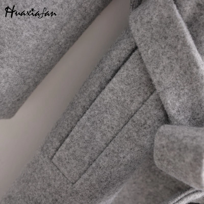 Huaxiafan женские зимние элегантные шерстяные пальто Модные женские серые однотонные с отложным воротником и бантом Теплые повседневные Длинные пиджаки