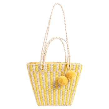 

Hand-Woven Bag Wool Striped Straw Bag Seaside Vacation Beach Hand Support Shoulder Bag