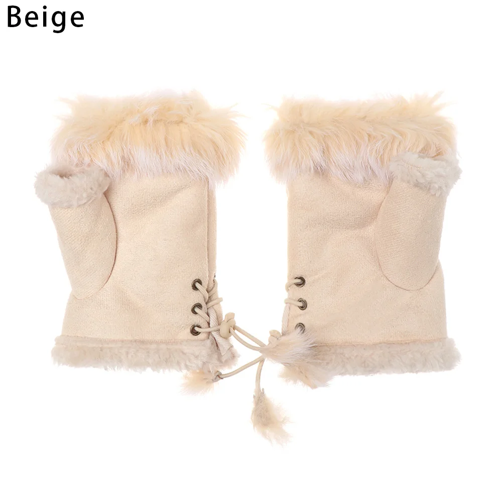 2-beige Зимние осенние теплые модные наручные перчатки для девочек из искусственного кроличьего меха, вязаные женские вязаные варежки без пальцев, перчатки с открытыми пальцами - Цвет: 2-beige