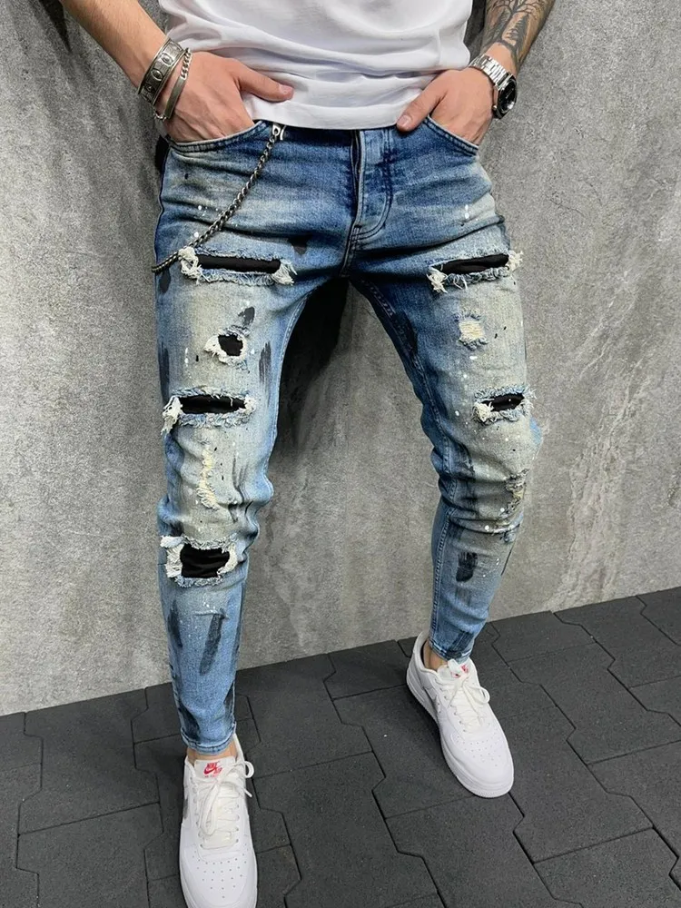 Pantalones vaqueros rasgados de estilo HIP HOP para hombre, Jeans pintados de retales para hombre, vaqueros de pitillo de motociclista