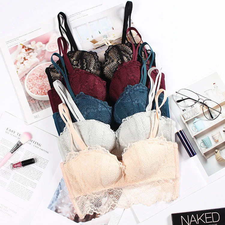 Wire Free Lace Bras Women Sexy Unlined Seamless Push Up Brassiere Soft Breathable Small Breast Gather Lingerie