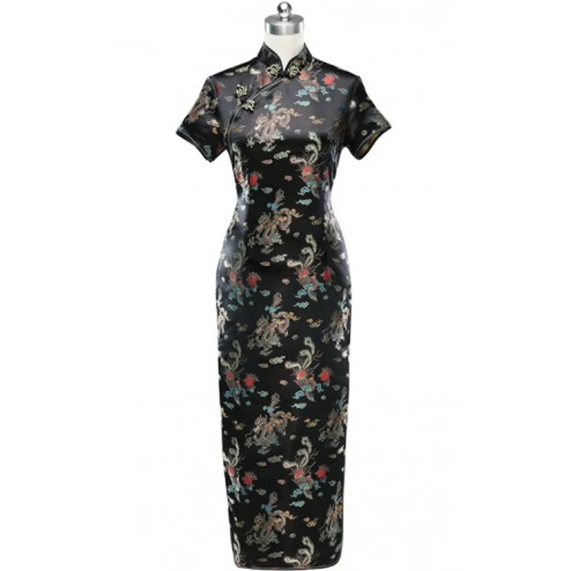 Модное красное китайское вечернее платье cheongsam, Женская атласная новинка, одежда для девушек, элегантное женское длинное платье cheongsam, размер S-3XL - Цвет: black