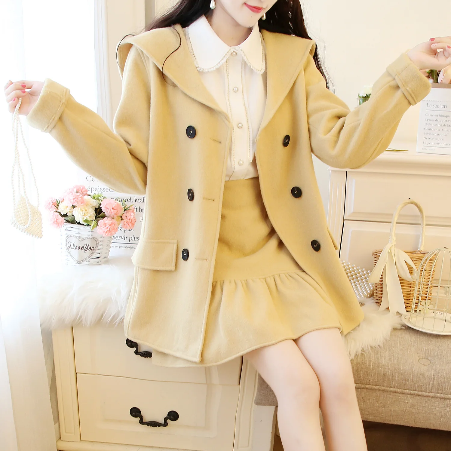 

Autumn And Winter New Style College Style Woolen Jacket Double Breasted Woolen Overcoat + Skirt Two-Piece Set