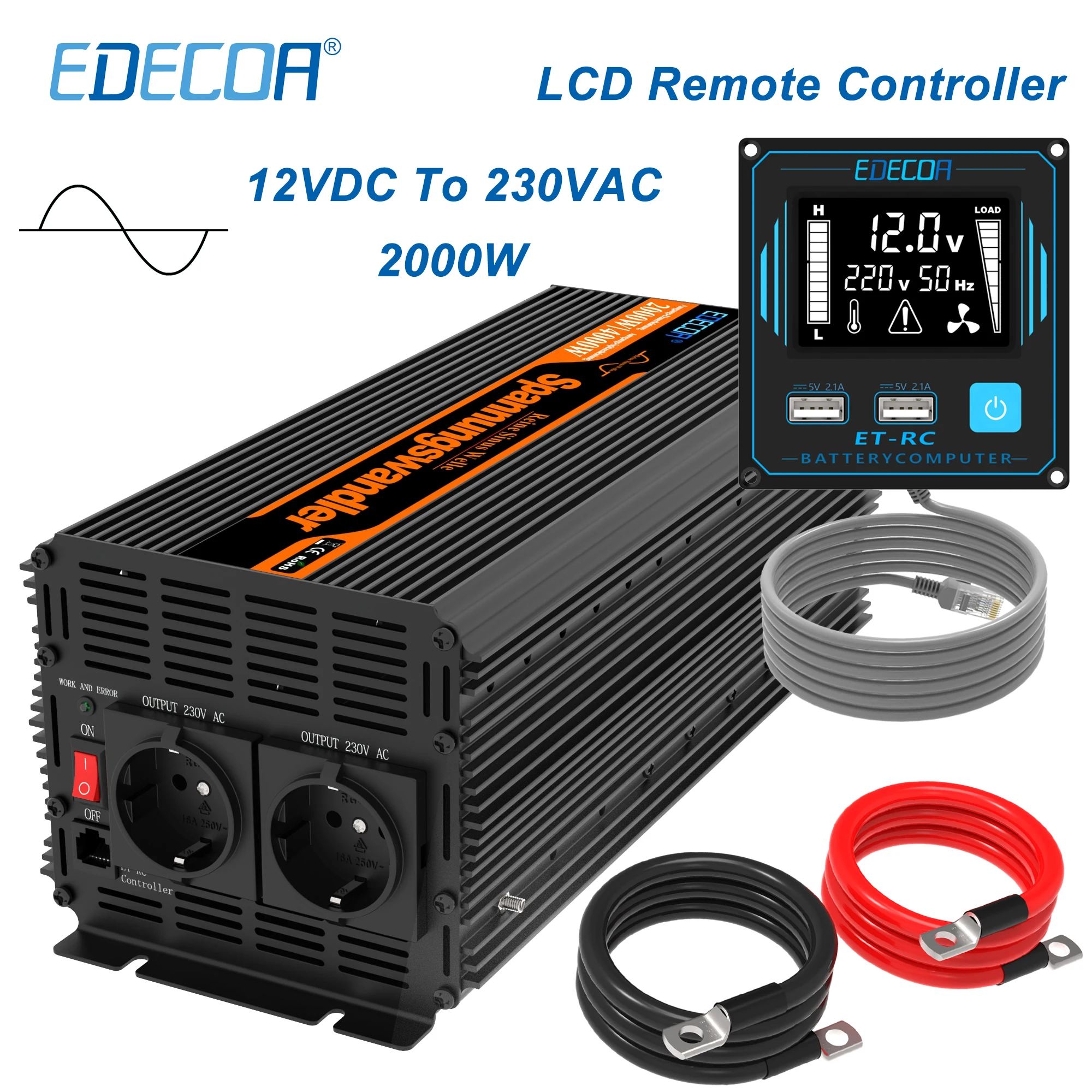EDECOA 2000W DC 12V 24V to AC 220V 230V чистый синусоидальный инвертор с ЖК-пультом