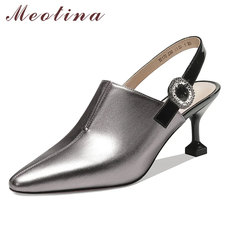 

Meotina High Heels Women Shoes Natiral Genuine Leather Thin High Heel Slingbacks Shoes Real Leather Buckle Pumps Lady Size 33-39