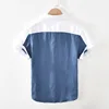 Men Summer Fashion Japan Style Simple Harakuju High Quality 100% Linen Fabric Gradient Patchwork Short Sleeve Casual Slim Shirts ► Photo 2/5