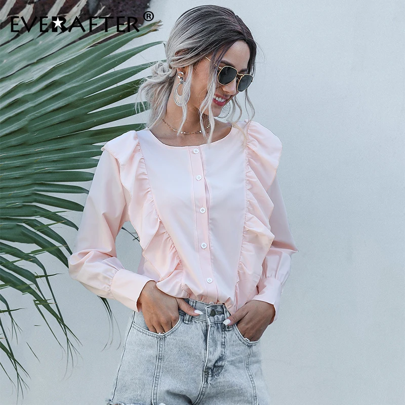 

EVERAFTER Solid blouse long sleeve ruffles patchwork blouses O-neck women tops and blouses buttons fashion female shirt blusas