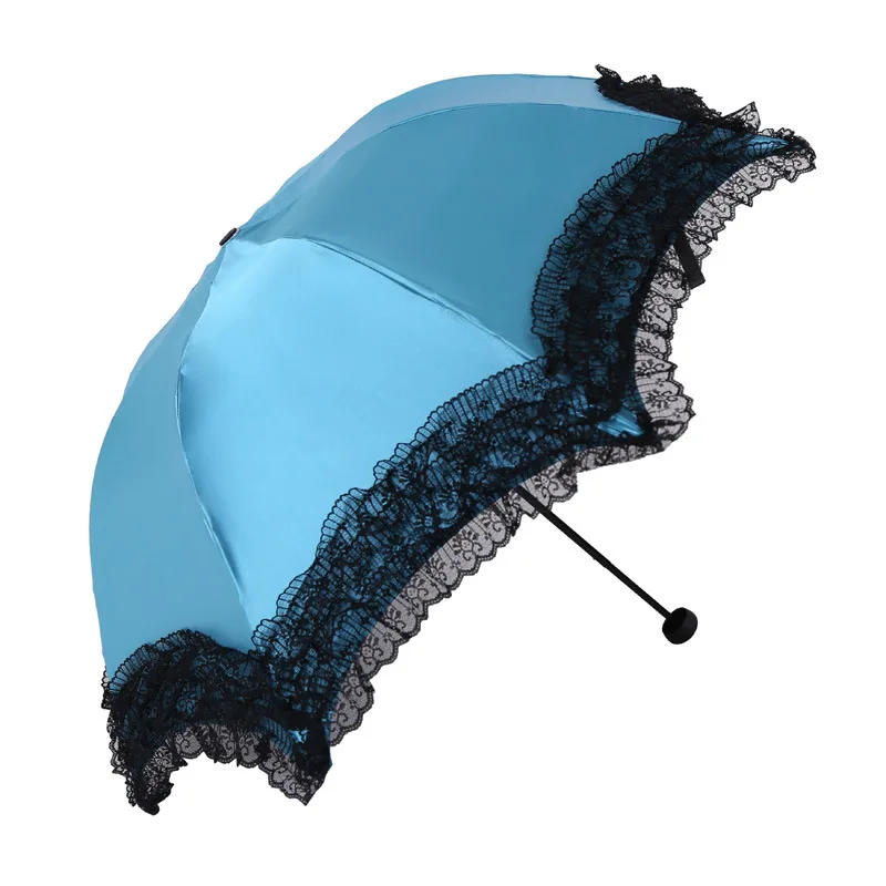 sky blue Кружевной женский зонтик от дождя, защита от солнца, mujer, черный зонтик, три складных зонта принцессы, УФ-защита, украшение - Цвет: sky blue
