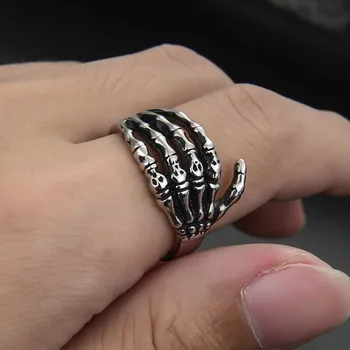

Valily Goth Biker Punk Rocker Skelton Hand Wrap Band Ring for Men Oxidized Silver Tone Stainless Steel Skull Bone Ring Jewelry