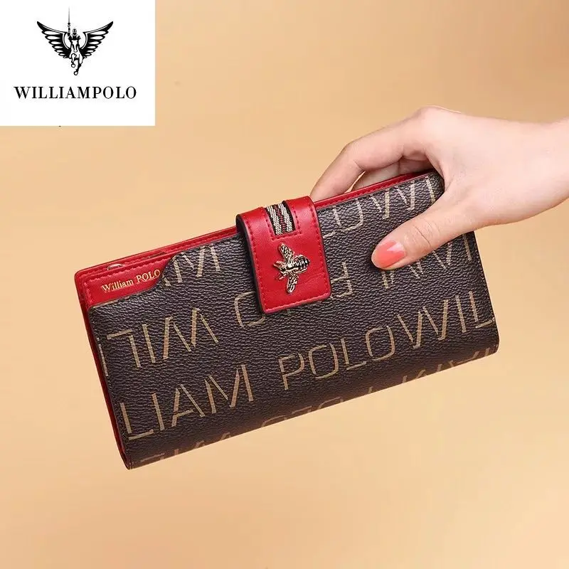 Длинный кожаный женский кошелек williamo вместительная дамская сумочка на молнии с