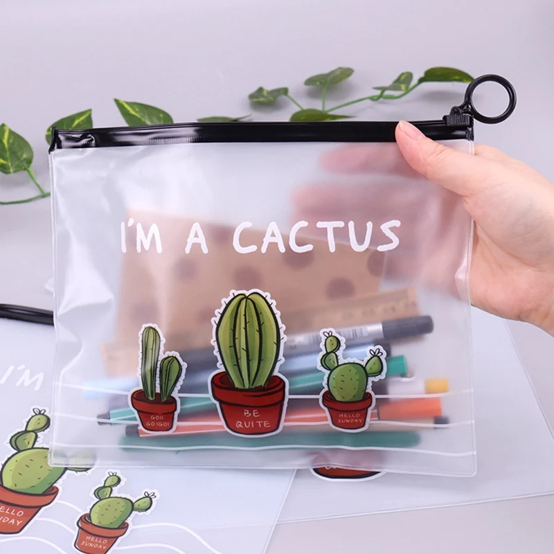 

1 Pcs Simple Small Fresh Cactus PVC Waterproof Pencil Cases Transparent Stationery File Folder Storage Office School Supplies