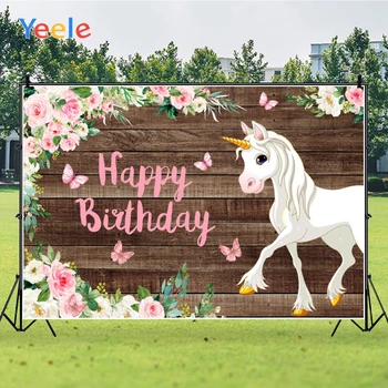 

Yeele Brown Wood White Horse Pink Butterflies Birthday Background Photophone Photography Backdrop for Decoration Customized Size
