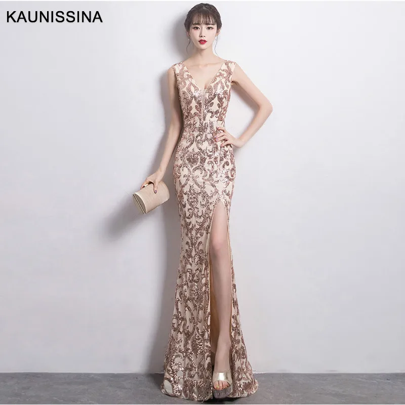 

KAUNISSINA Double-V Neck Mermaid Evening Dress Sequined Prom Gown Formal Party Dress Vestido de festa Elegant Luxury Robe Longue