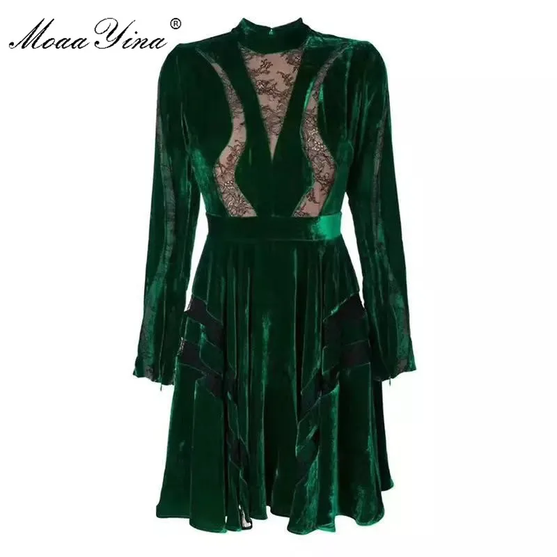 

MoaaYina Fashion Designer dress Spring Autumn Women's Dress Stand collar Long sleeve Lace Stripe Patchwork Velvet Dresses